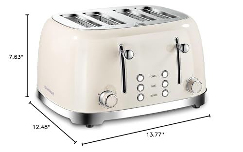 4 Slice Toaster Roter Mond Retro Stainless Steel with Bagel Defrost Cancel Function, 6 Browning Settings, Extre Wide Slot and Removable Crumb Tray, Cream, ST033