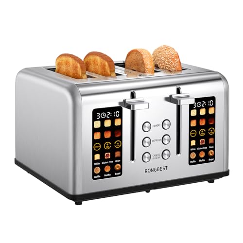 4 Slice Touch Screen Toaster, Easy-to-Use Digital Stainless Steel Toaster with Wide Slots, Reheat Defrost Cancel, Removable Crumb Tray, Silver