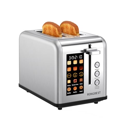 2 Slice Easy Touch Screen Toaster, Stainless Steel Toaster with Wide Slots, Even Toasting for Bagels & Bread, Reheat & Defrost, Removable Crumb Tray, Silver