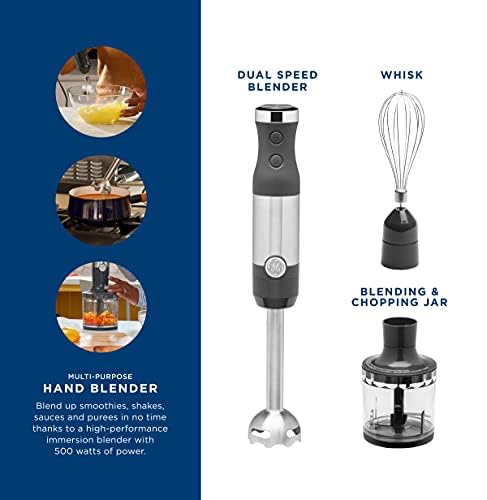 GE Immersion Blender | Handheld Blender for Shakes, Smoothies, Baby Food & More | Includes Whisk & Blending Jar | 2-Speed | Interchangeable Attachment for Easy Clean | 500 Watts | Stainless Steel