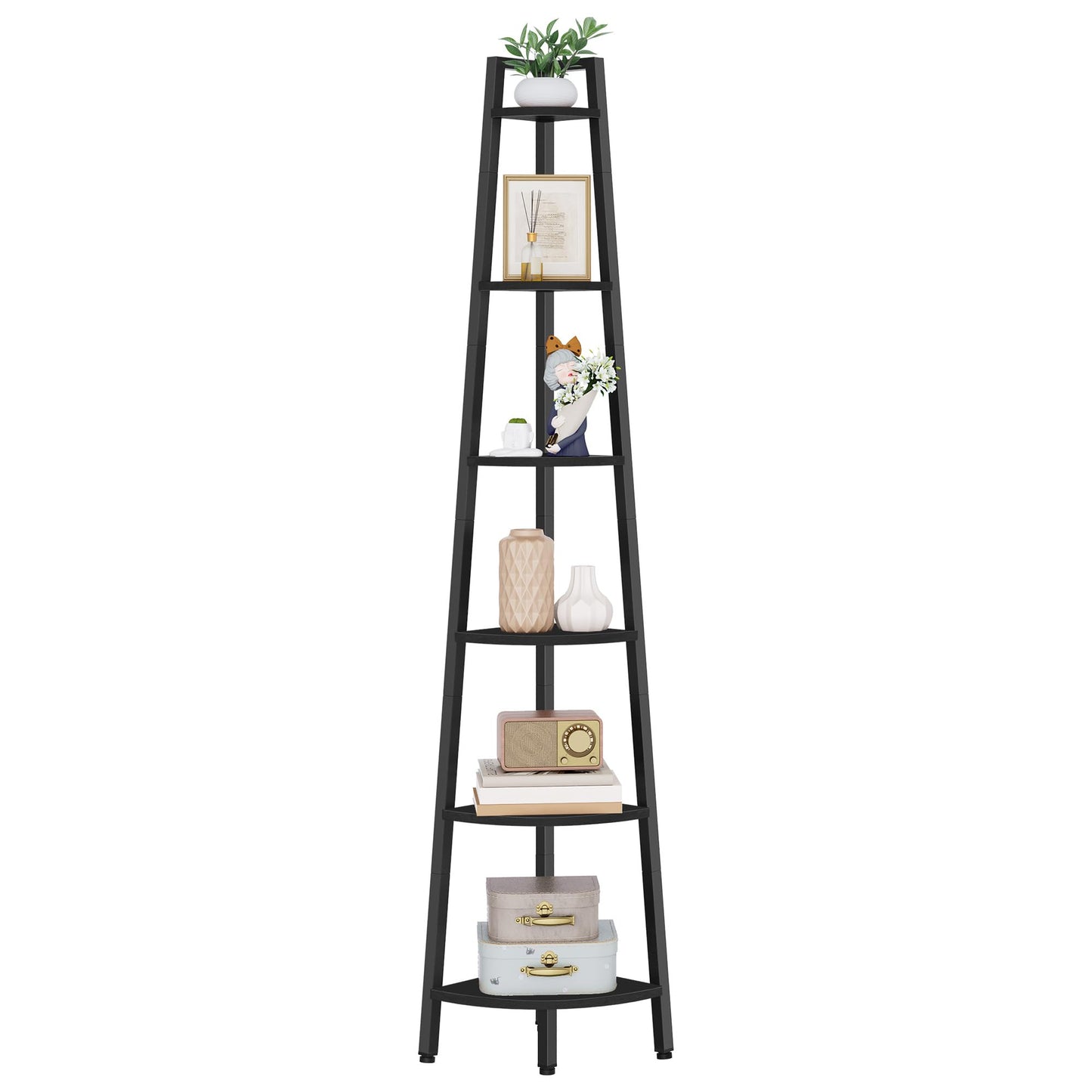 Hoctieon Corner Shelf, 6-Tier Corner Bookshelf, Rustic Ladder Shelf, Industrial Display Stand for Living Room, Kitchen, Home Office, Balcony, Small Space, Metal Frame, Black