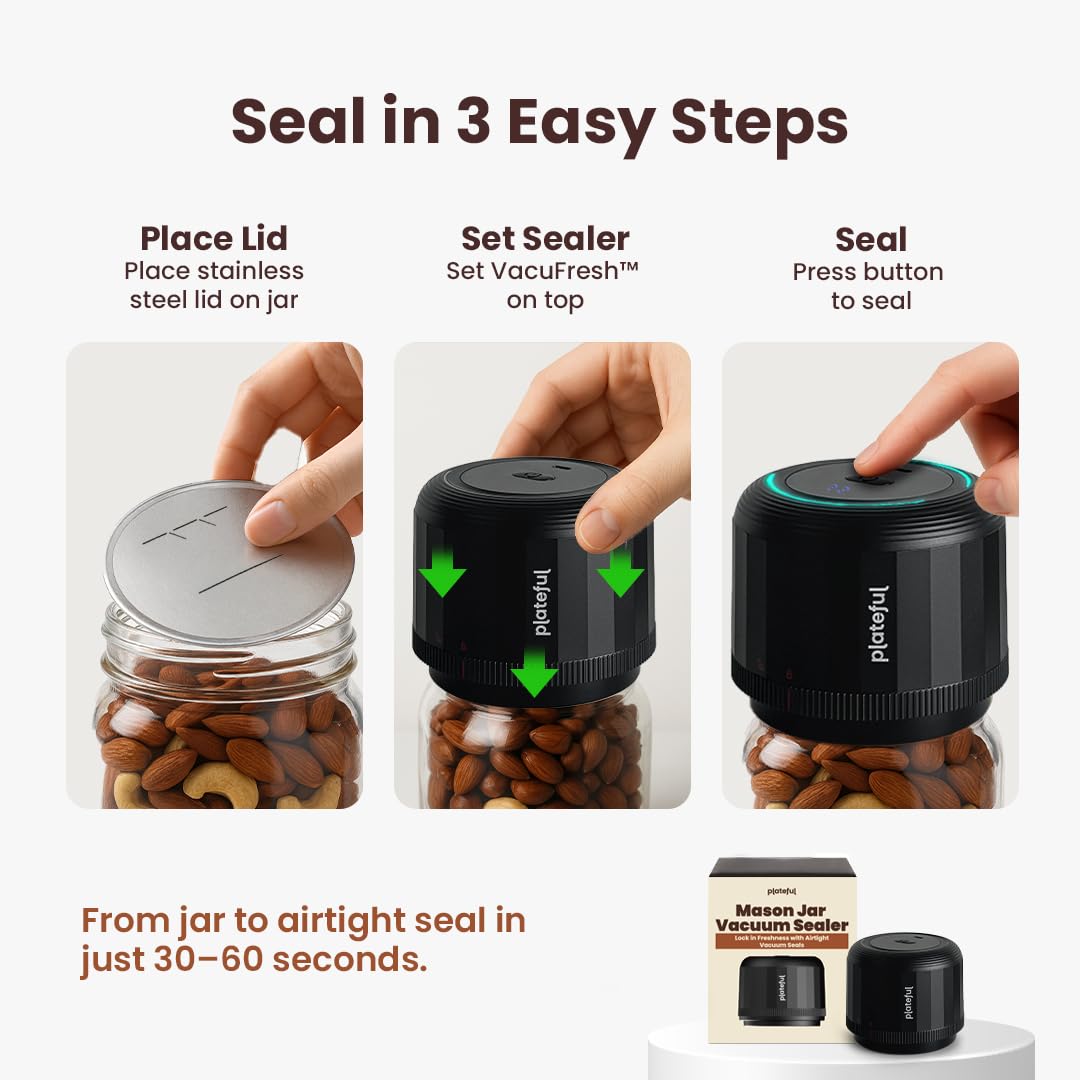 Plateful Electric Mason Jar Vacuum Sealer Kit (Lids Included) For Wide Mouth And Regular Mouth Jars, Portable Jar Vacuum Sealer, Canning Machine Food Storage, Includes Lids, Opener, Charger