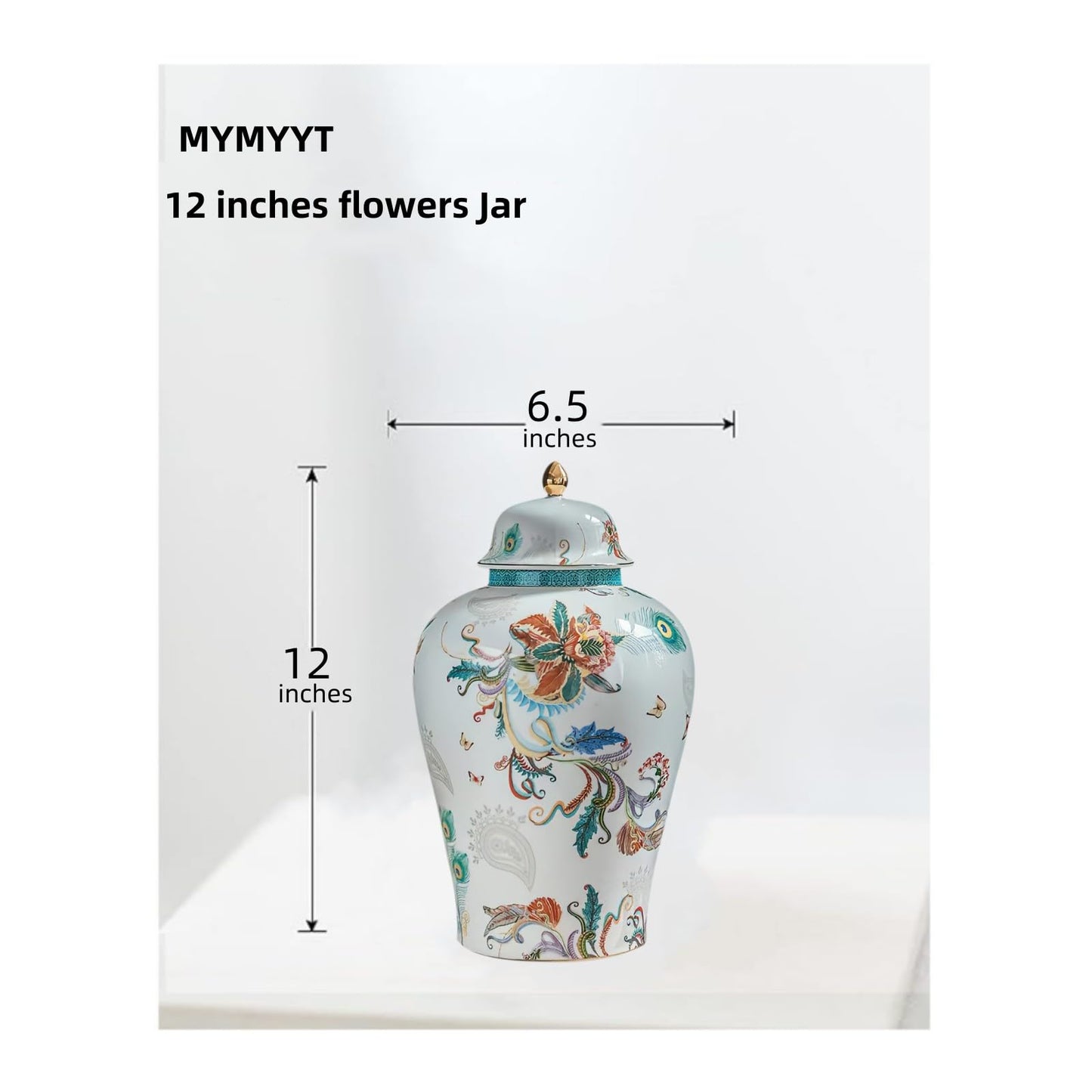 MYMYYT 12 inches flowers Ginger Jar - floral pattern Ceramic Decorative with Lid vase, chinoiserie gift Enamel jars for Home/Kitchen/Dining/living room/shelf decor/Tea Storage