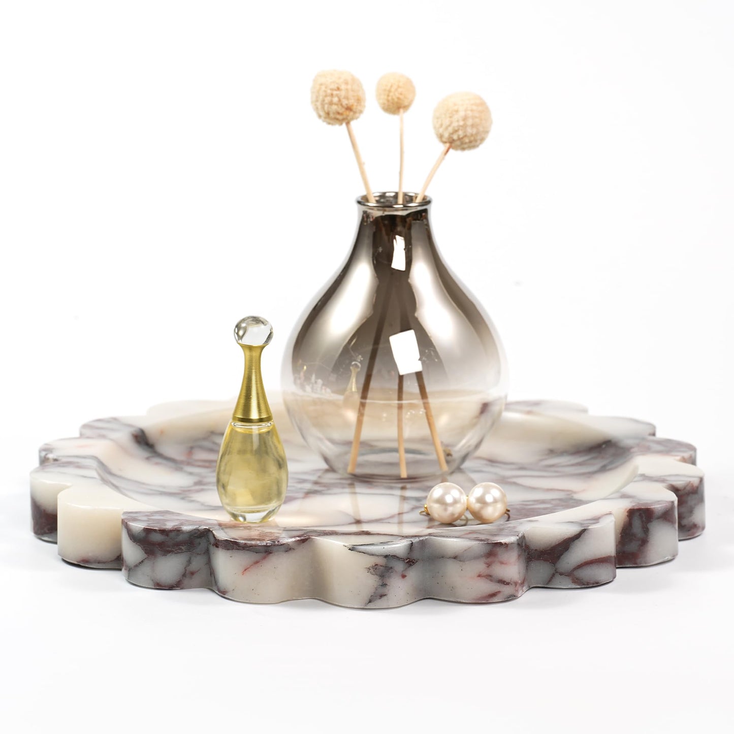 LWALMS Scalloped Round Marble Tray - 9.9 Inch Violet Stone Decorative Perfume Trinket Jewelry Dish, Catchall Organizer for Bathroom Vanity Dresser Kitchen Countertop Home Decor