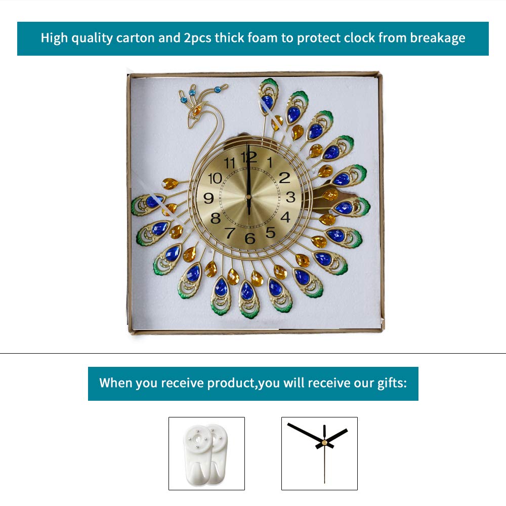 FLEBLE Large Wall Clocks for Living Room Decor Gold Decoration Wall Clock Silent Battery Operated Non Ticking for Bedroom Kitchen 14 Inch Retro Peacock Crystal Wall Watch Quartz for Home Office Indoor