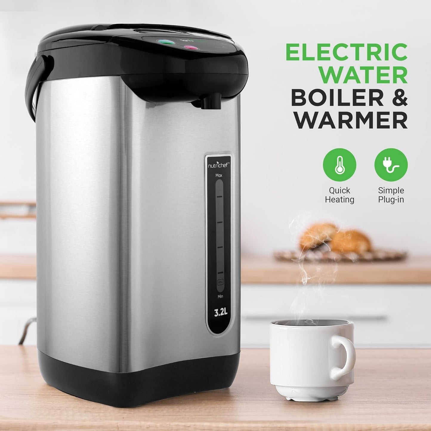 NutriChef Hot Water Urn Pot 3.38 QT, Insulated Stainless Steel Hot Water Dispenser & Boiler, Auto & Manual Dispense, Safety Lock, Electric Kettle