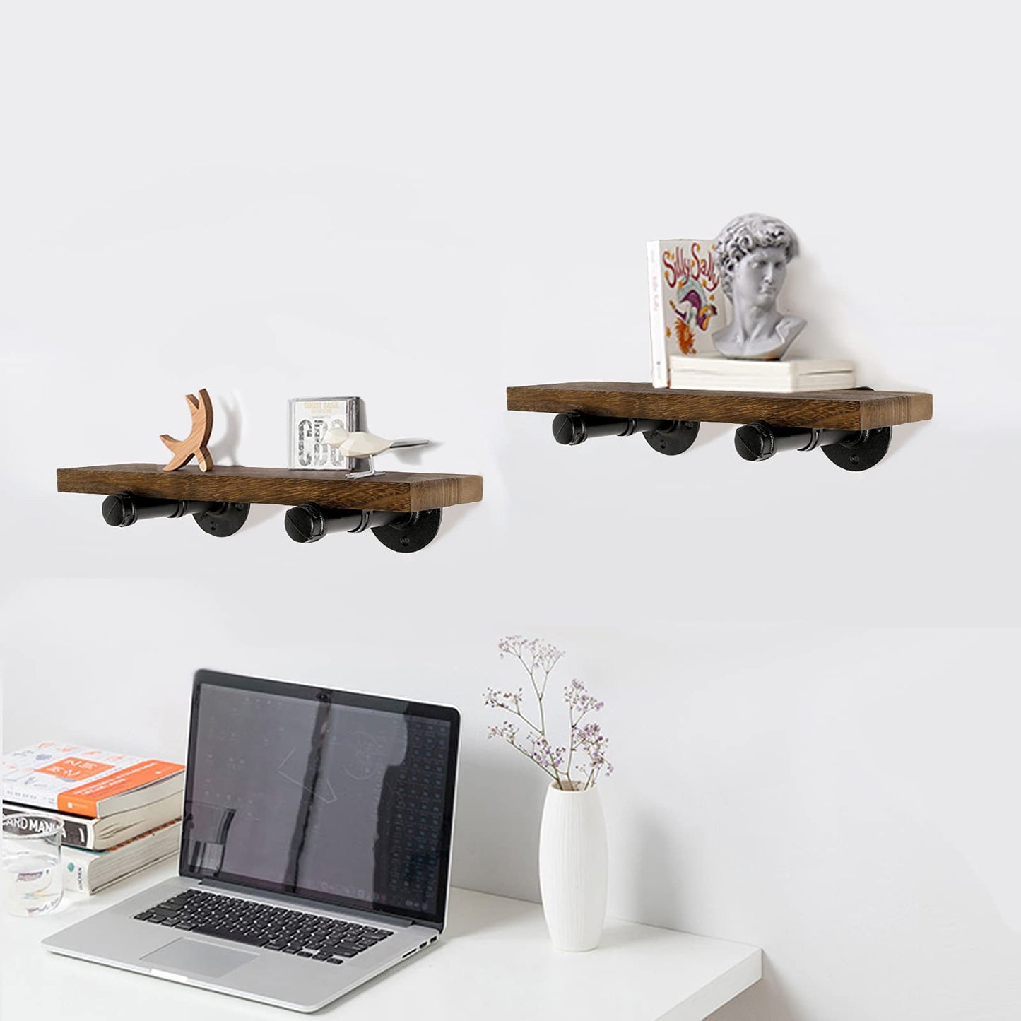 Home TZH Wall Mounted Floating Shelves, Floating Shelves with Industrial Pipe Brackets Set of 4 Rustic Wood Storage Shelf for Bedroom Living Room Bathroom Kitchen Office and More (4, Brown)