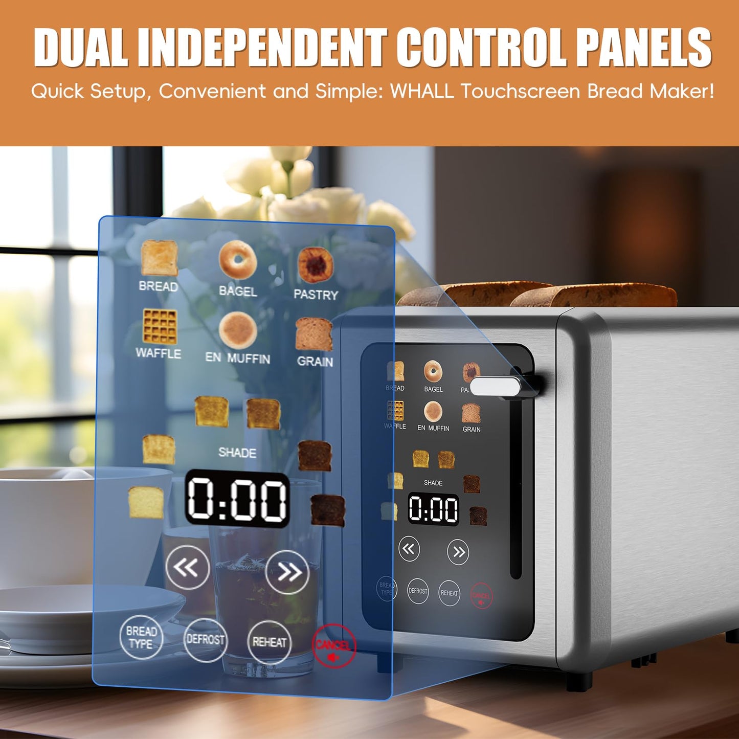 WUNLY 2 Slice Toaster,Touchscreen & Dual Independent Control Panel,5 Basic Functions & Digital Countdown Toasters,6 Shade Settings&6 Bread Types,Smart Bread Maker Mute/Screen-Off,Platinum