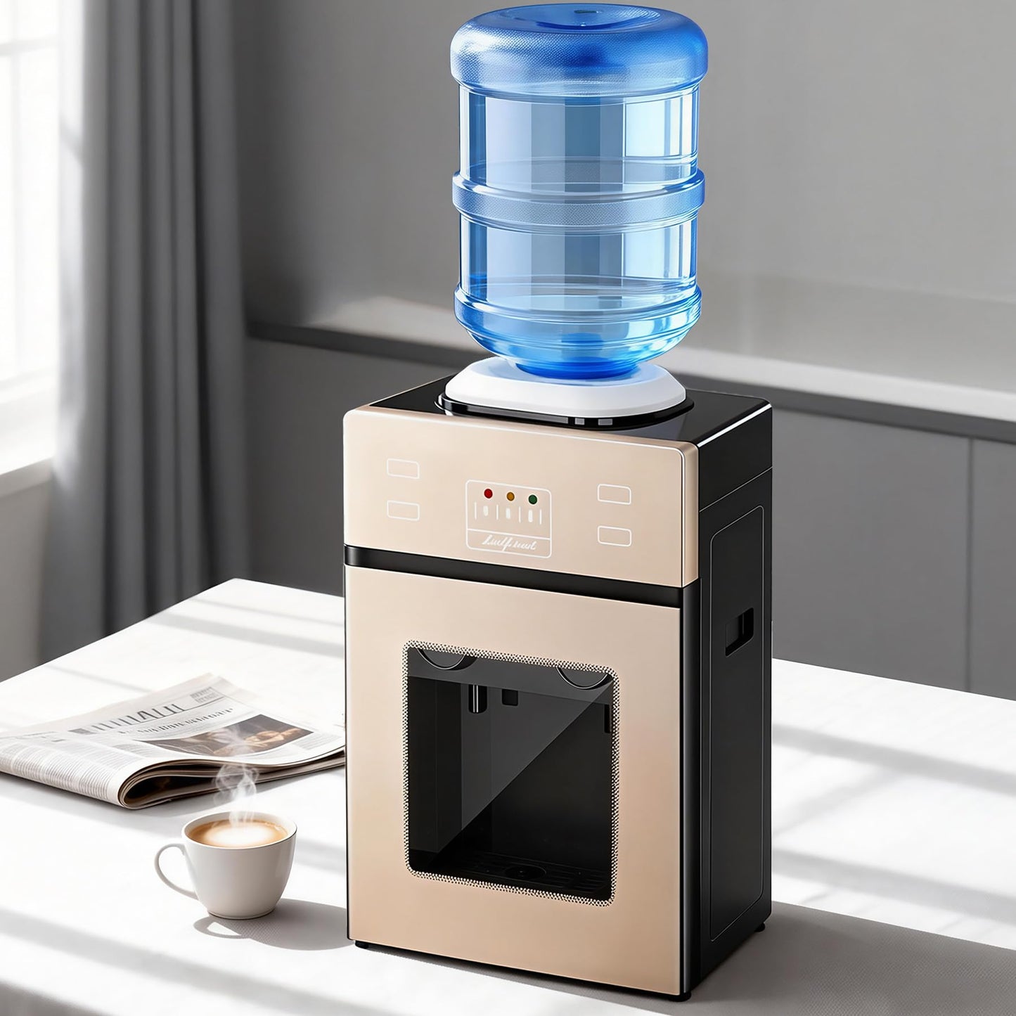 Top-Loading Countertop Water Dispenser for 1.2 to 5 Gallon Bottles, Hot & Cold Water Cooler Dispenser with Rotating Dual Spout, No-Press Dispensing, Visual Door Cover for Kitchen, Office, Bedside Use