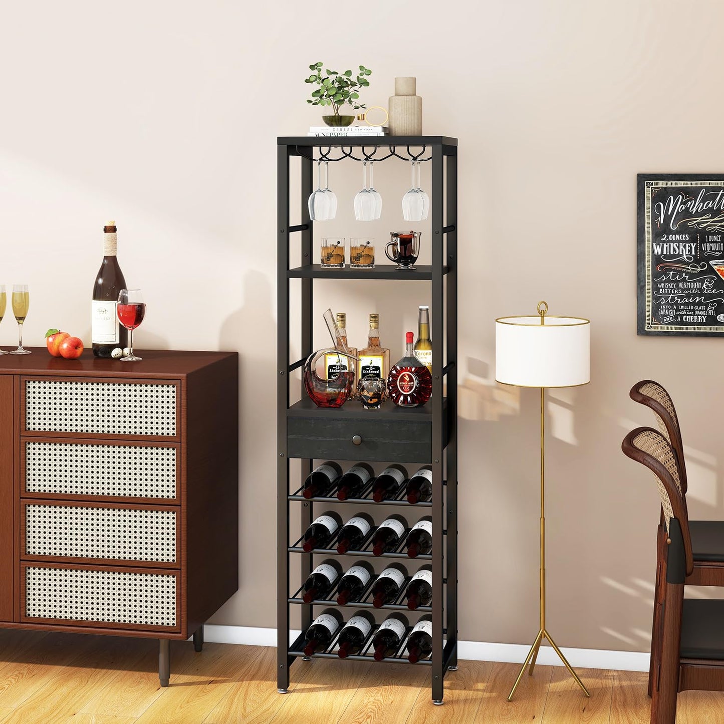 IBUYKE Wine Rack Freestanding Floor, Bar Cabinet for Liquor and Glasses,Coffee Bar Cabinet 4-Tier Wood bar Cabinet,Glass Holder and Storage Drawer for Home Bar Kitchen Living Room,Black UTMJ905B