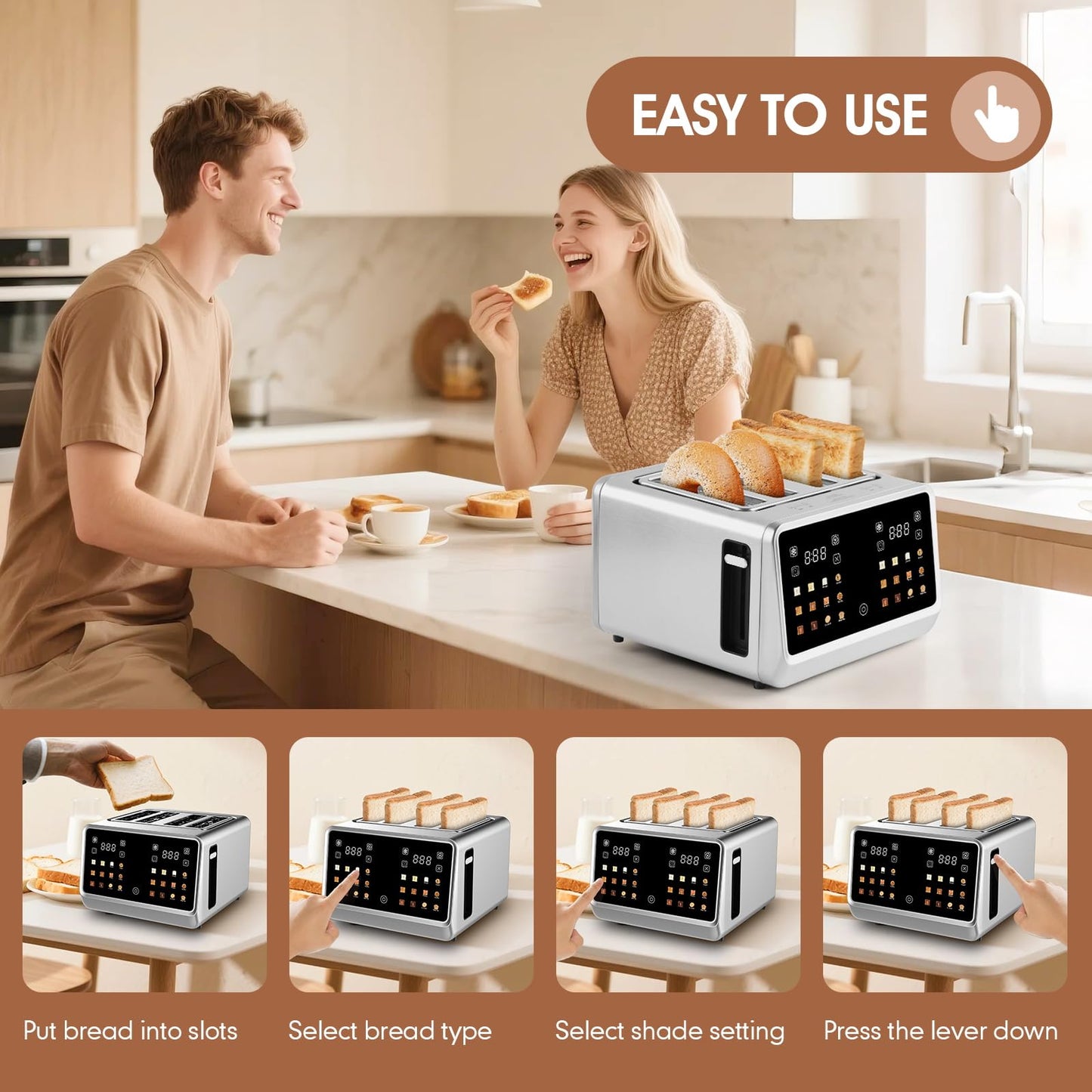 4 Slice Touch Screen Toaster with LCD Display Stainless Steel Digital Toasters 6 Bread Types& 6 Shade Settings Smart Extra Wide Slots Toaster With Bagel Cancel Defrost Reheat Functions