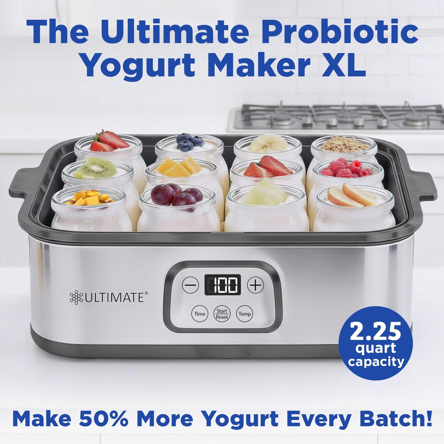 Ultimate Probiotic Yogurt Maker XL - Adjustable Time & Temperature Control - 50% More Capacity with 12 x 6oz Yogurt Jars - Make Trillions of Probiotics for Gut Health - ULTIMATE LIFETIME WARRANTY