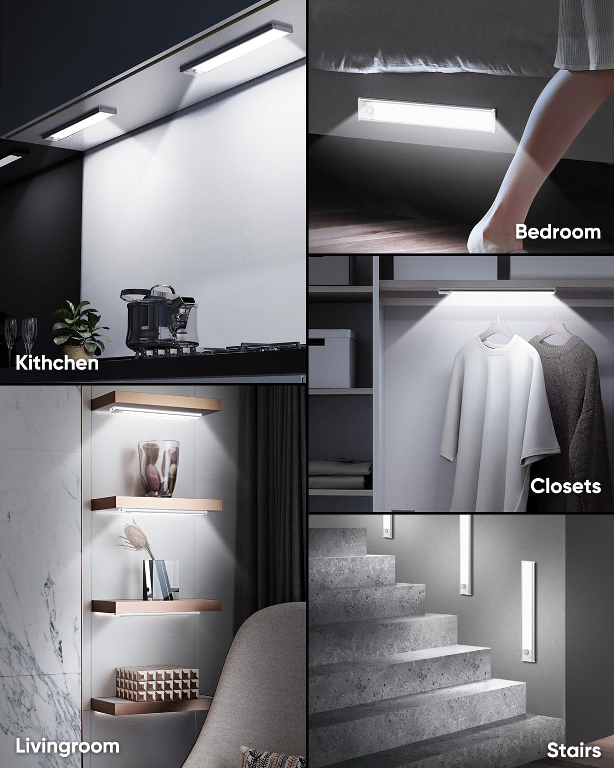 Under Cabinet Lighting, 2200mAh 10 Inch Battery Operated Rechargeable Motion Sensor Night Lights Indoor, LED Magnetic Wireless Closet Light, 6500K Dimmable Counter Lights for Kitchen, Home, 5 Packs
