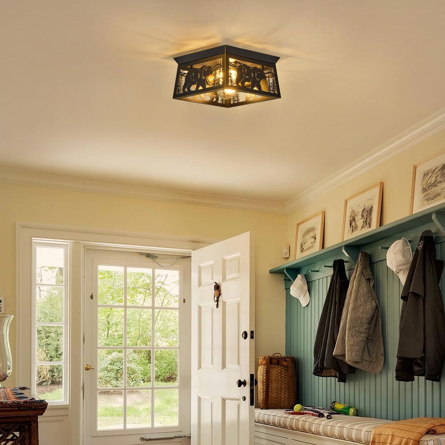 Rustic Bear & Tree Flush Mount Ceiling Light, 2-Light Black Metal Farmhouse Cage Fixture, Vintage Industrial Forest Wildlife Lodge Cabin Lighting for Entryway, Hallway, Kitchen, Bedroom, E26 Base