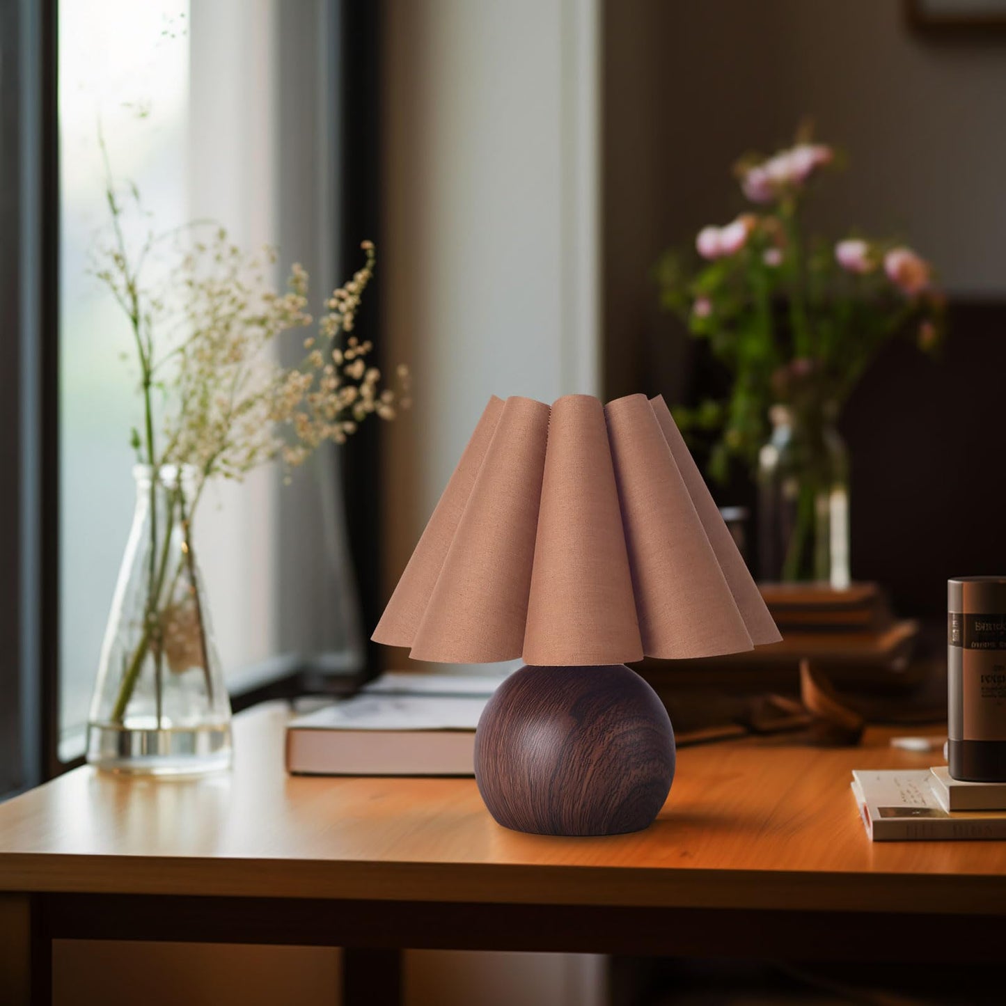 KUNJOULAM Cute Small Table Lamp, Modern Bedside Nightstand Lamp with Coffee Fabric Lampshade, Metal Base for Bedroom Home Office Decor (Without Buld)