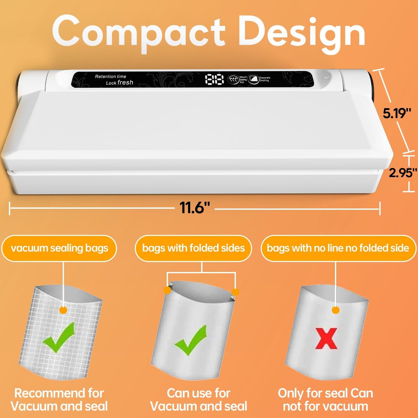 Food Vacuum Sealer Machine, 75KPA Powerful Suction, Dry/Wet Modes, Compact Vacuum Sealer for Food, with Led Indicator Lights, 20 Vacuum Sealer Bags