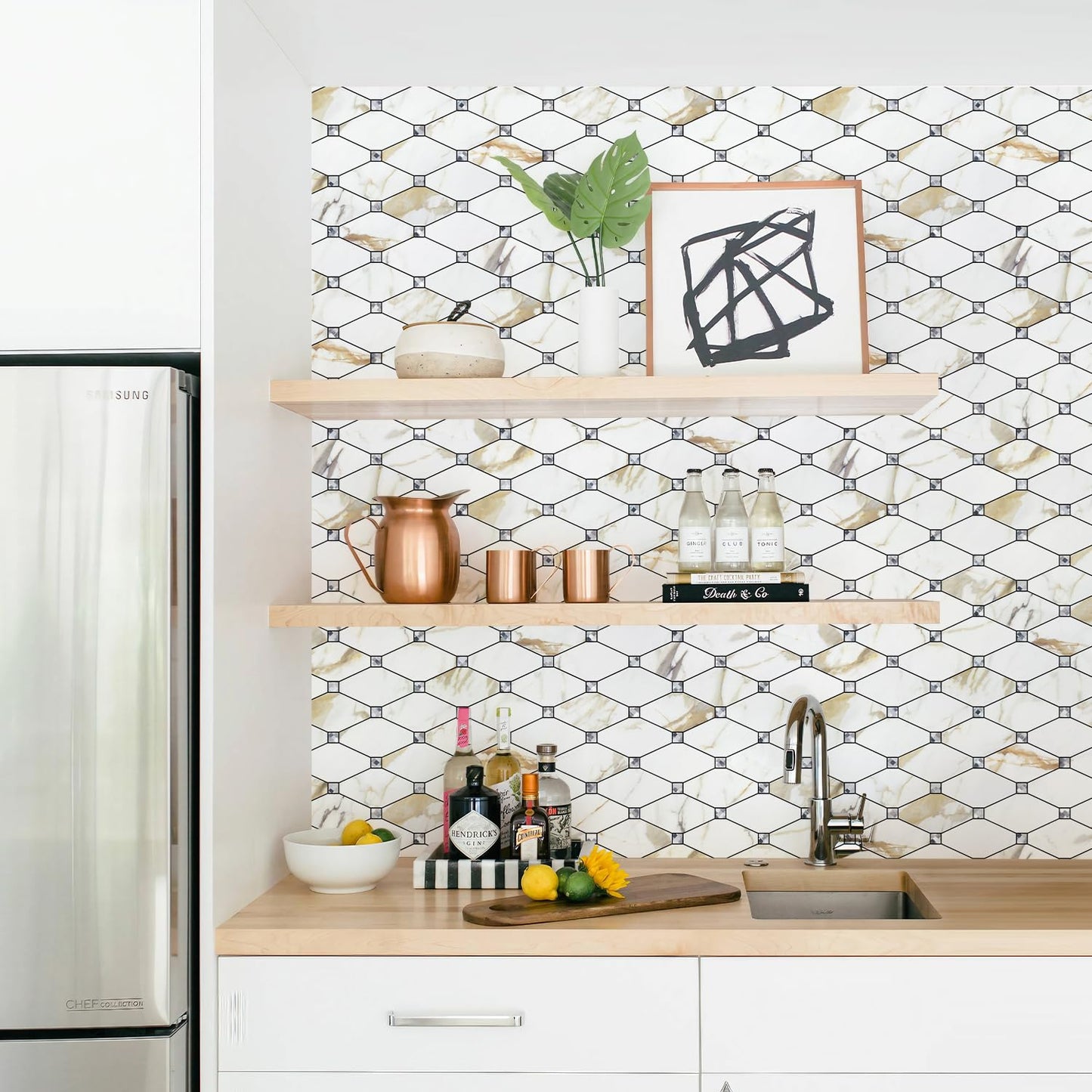 STICKGOO 10 Sheets Peel and Stick Backsplash, Calacatta Golden Stick on Mosaic Tiles for Kitchen Wall Decor, Self Adhesive Long Hexagon PVC Tile Kitchen Backsplash