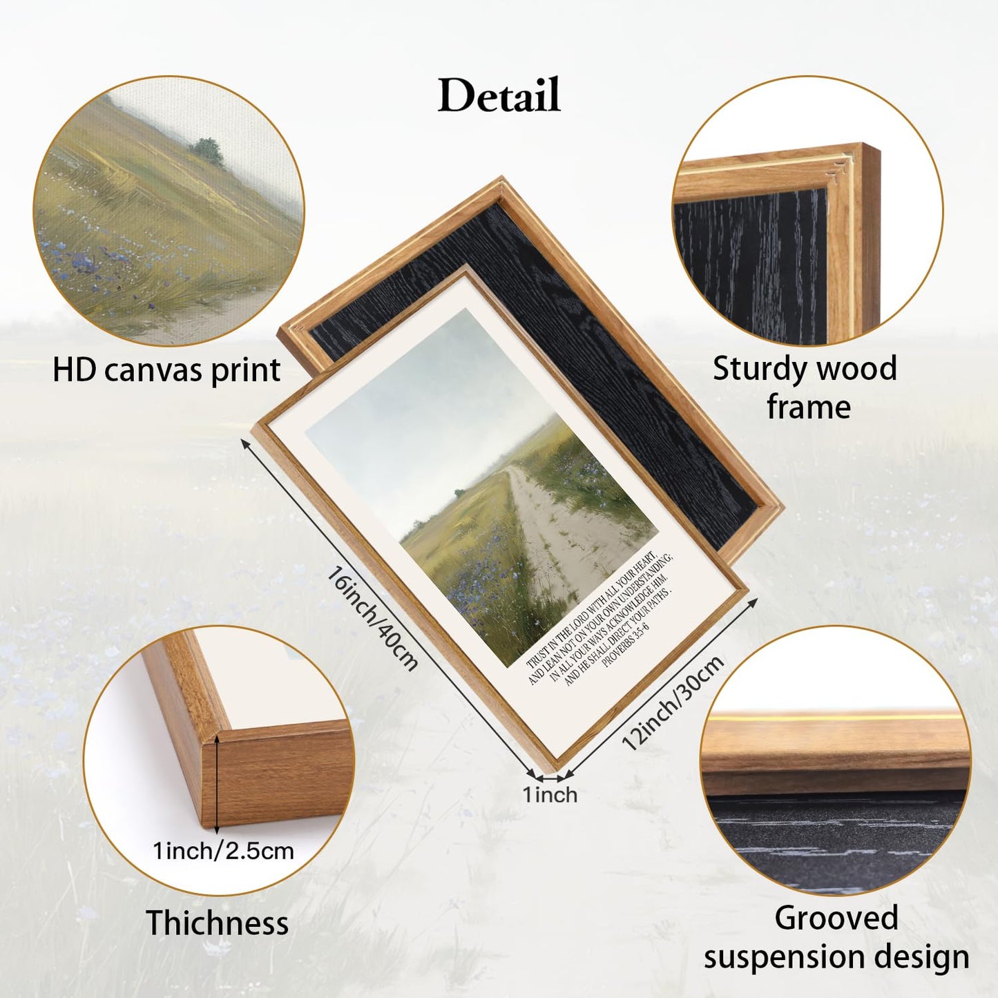 CHDITB Christian Framed Canvas Wall Art Set Of 3, Rustic Landscape Scripture Wall Decor, Religious Nature Bible Verse Wall Painting Botanical Field Art Prints For Home Office Church Decor 12”X16”