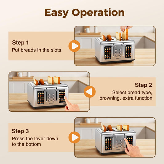 4 Slice Touch Screen Toaster, Easy-to-Use Digital Stainless Steel Toaster with Wide Slots, Reheat Defrost Cancel, Removable Crumb Tray, Silver
