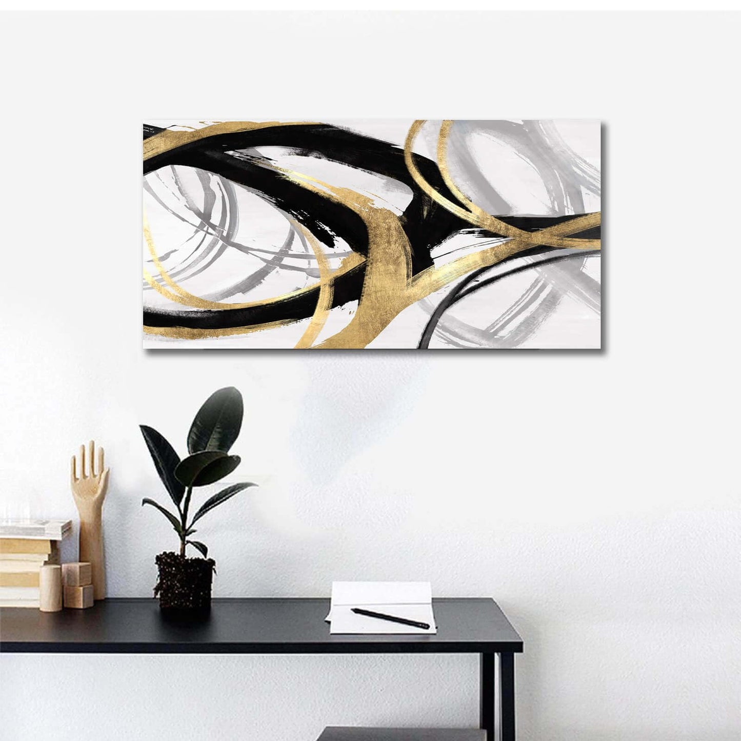 Kureful Gold Wall Decor - Black Canvas Wall Art for Living Room- Large Line Artwork - 20" x 40" Oil Painting Abstract Pictures for Bedroom Kitchen Home Office