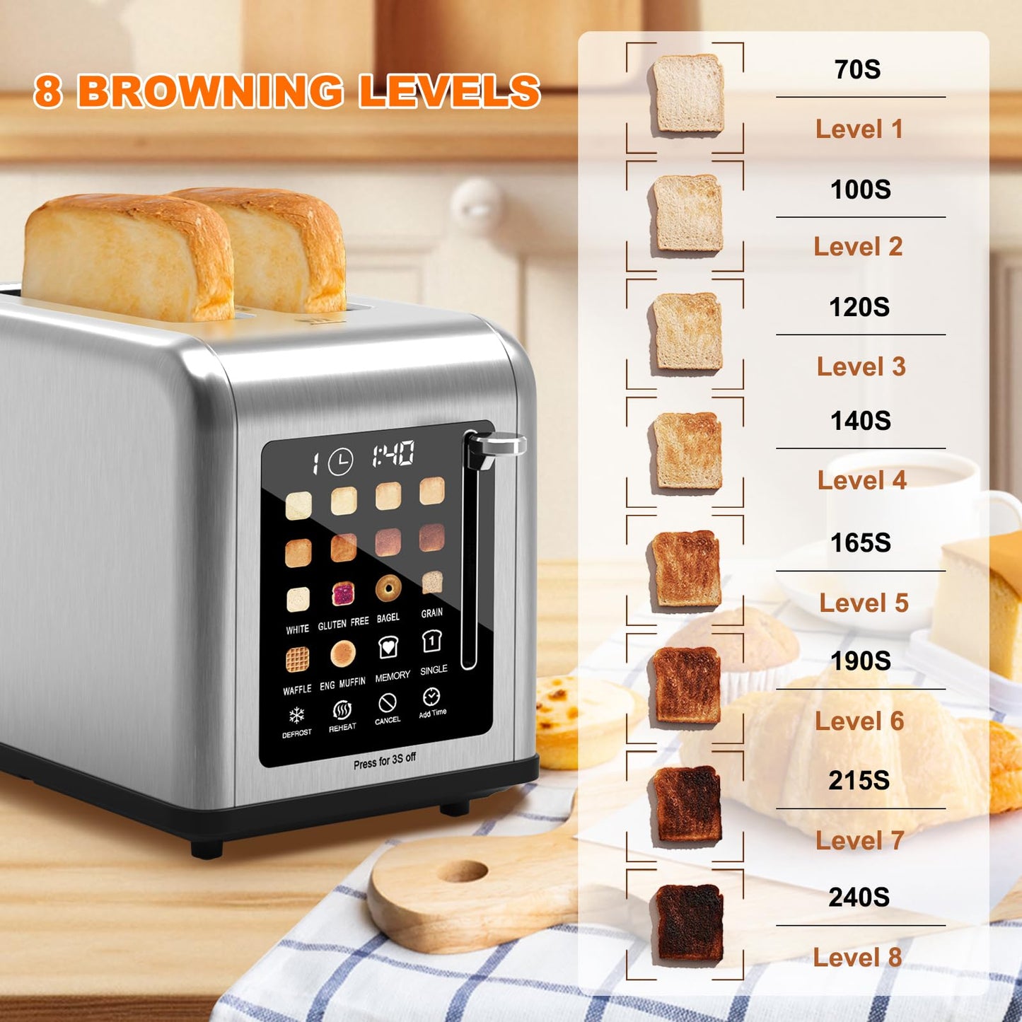 2 Slice Toaster Touch Screen, Stainless Steel Toasters Digital Timer 2 Slot Toasters, 8 Shade Settings 6 Bread Types for Bagel, Cancel, Defrost(Stainless Steel)