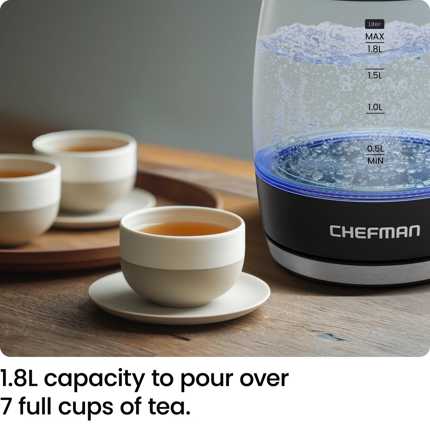 Chefman 1.8L Electric Glass Kettle, 1500W, Auto Shut Off, Boil-Dry Protection, BPA Free, Easy-Clean Lid