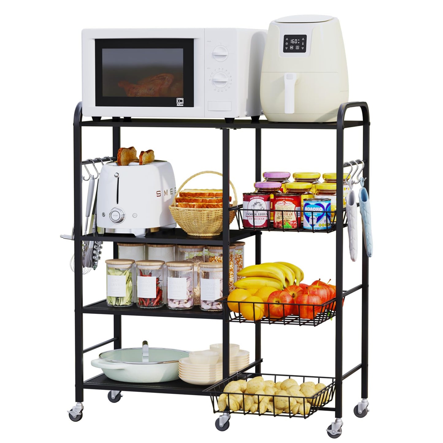 HapiRm Rolling Kitchen Microwave Cart - 4 Tier Microwave Table Stand with Pull-Out Baskets, Coffee Bar Baker's Rack with Wheels Rolling Storage Cart Organizer Shelf for Living Room Office, Balcony