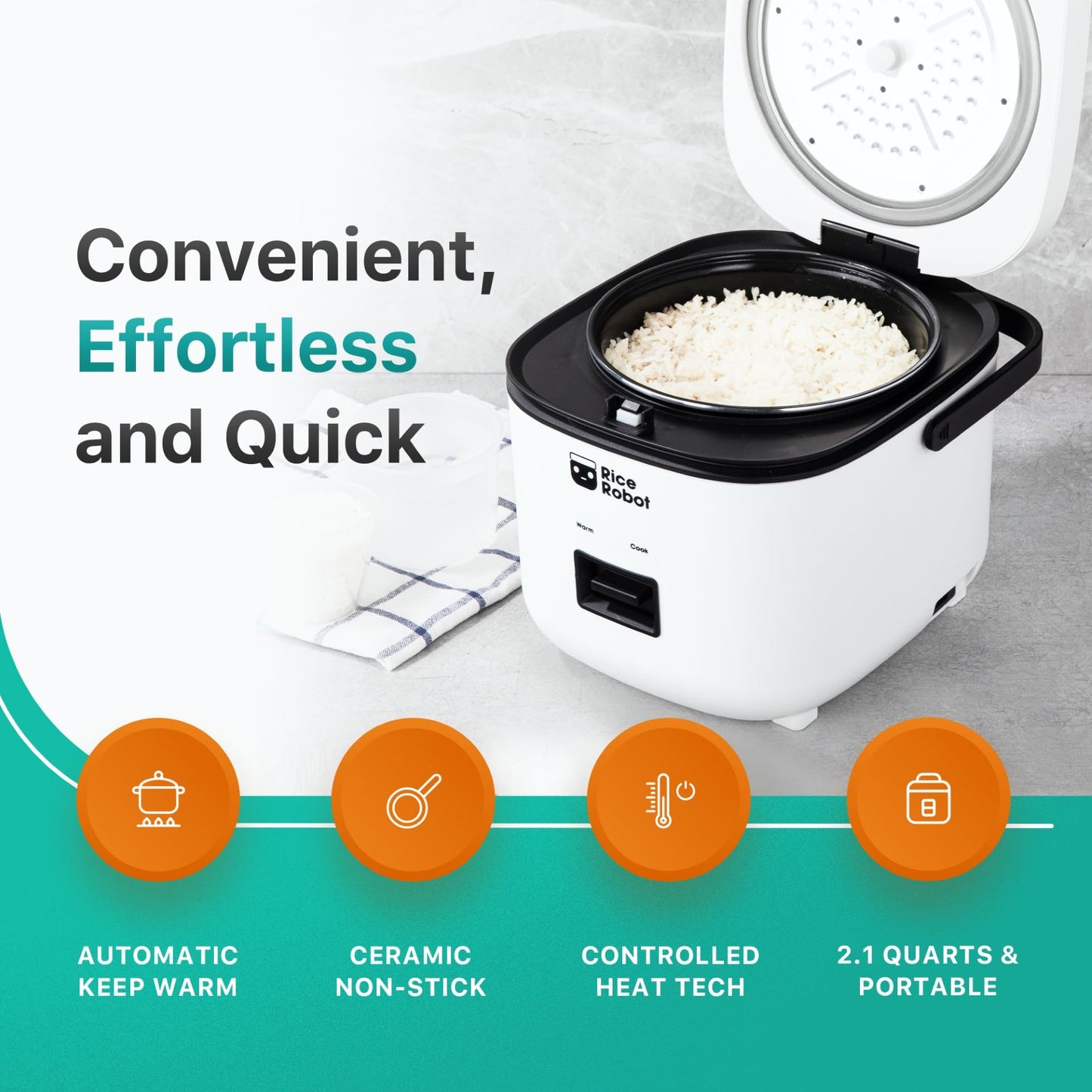 Rice Robot Rice Cooker ā Family Size 4 Cup Uncooked (8 Cups Cooked) Electric Rice Maker | PFAS-Free Ceramic Nonstick | Includes Stainless Steel Steamer Tray and Accessories | As Seen on TV
