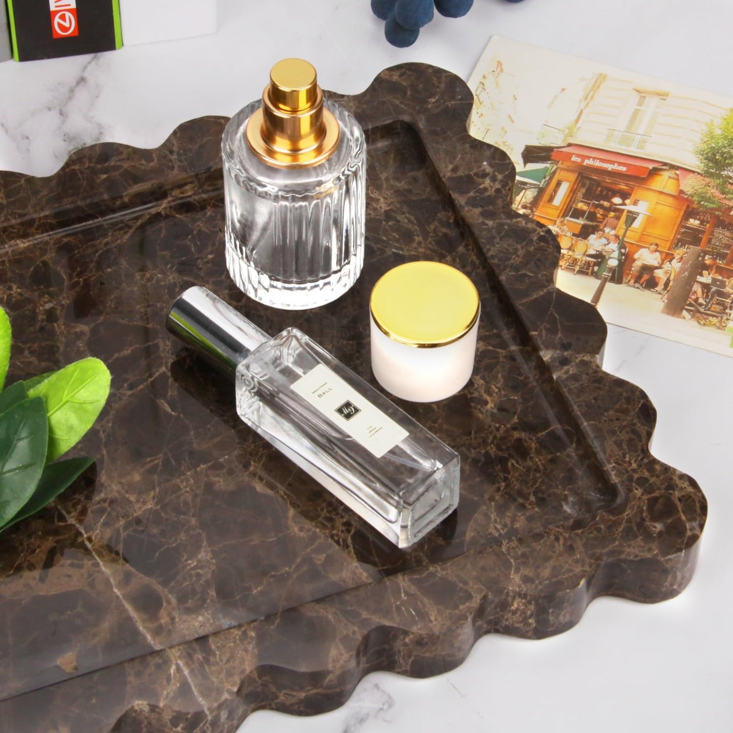 Scalloped Marble Decorative Tray,Luxury Natural Stone Bathroom Vanity Tray, Dresser Top Perfume Coffee Home Kitchen Toilet Sink Tray, Key Trinket Ring (Light Emperador, 10.8 * 8)