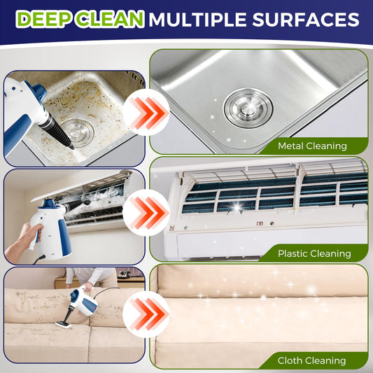 Steam Cleaner, Pressurized Handheld Multi-Surface Natural Steam Cleaner with 12 PCS Accessories & Safety Lock, 350ML Large Capacity, Steamer for Car, Home, Upholstery, Kitchen, Window, Grime, Grease