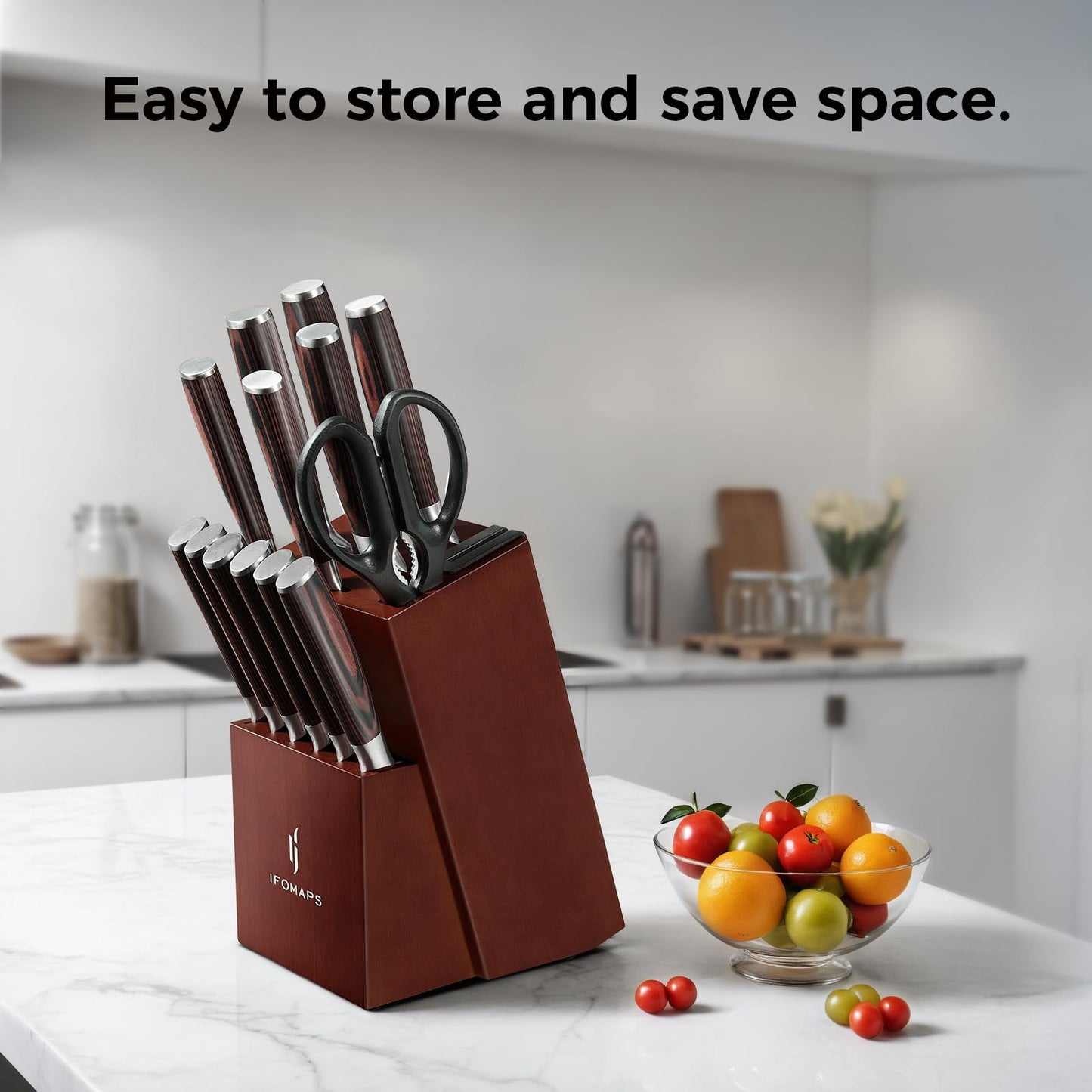 ifomaps 15-Piece Knife Set with Block for Kitchen, with Built-In Sharpener, Stainless Steel Ultra Sharp Blades, Ergonomic Pakkawood Handle, Essentials Chef Knives Set
