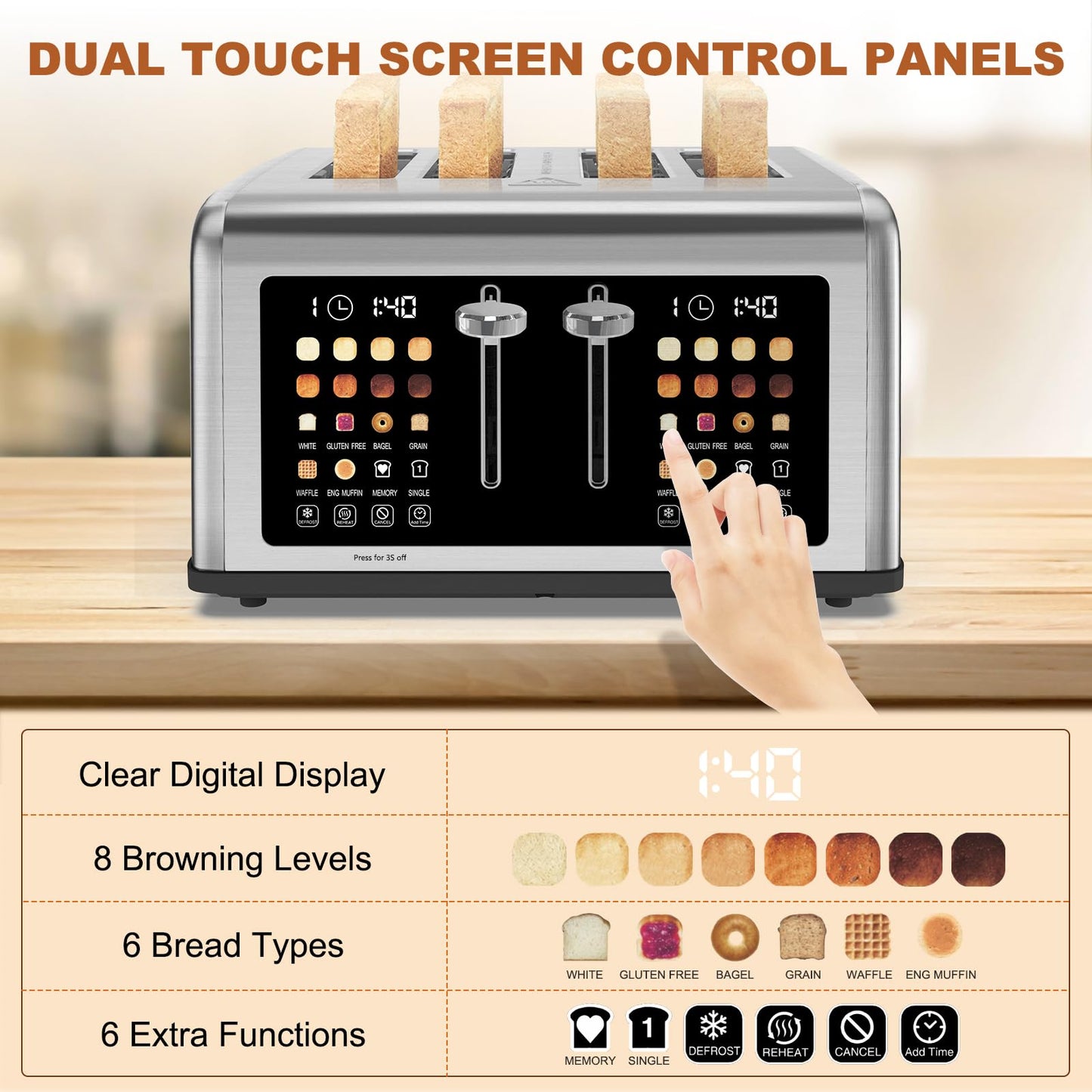4 Slice Toaster Touch Screen, Stainless Steel Toasters Digital Timer, Dual Control Panel Toasters, 8 Shade Settings 6 Bread Types for Bagel, Cancel, Defrost 1650W