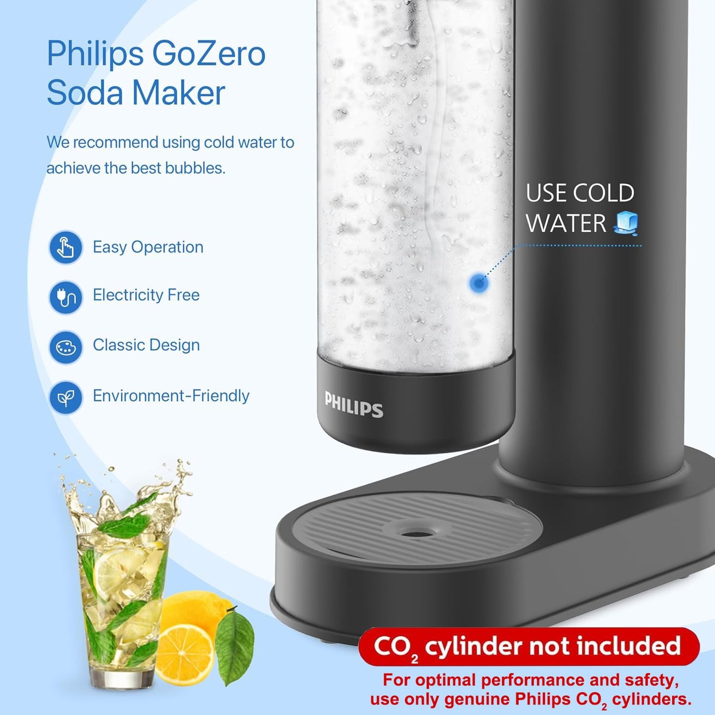 Philips Sparkling Water Maker ADD4901BKOQ/37, Plastic Soda Streaming Machine with Quick Twist Bottle, 1L BPA free PET Carbonating Bottle, Soda Maker Compatible with 60L CO2 Carbonator (NOT Included)