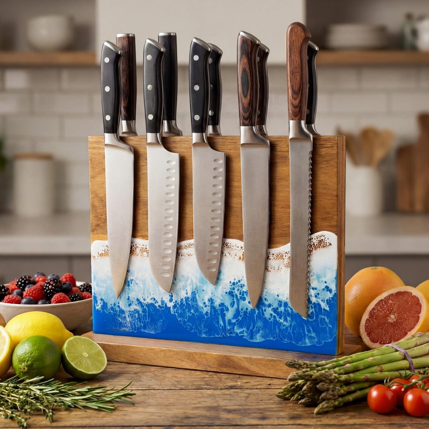 Singhoow Magnetic Knife Block Double Sided Magnetic Knife Board Acacia Wood Blue Resin Ocean River Magnet Knives Holder Stand for Kitchen Storage Counter Gifts for New Home 13 x 10 Inch Without Knives