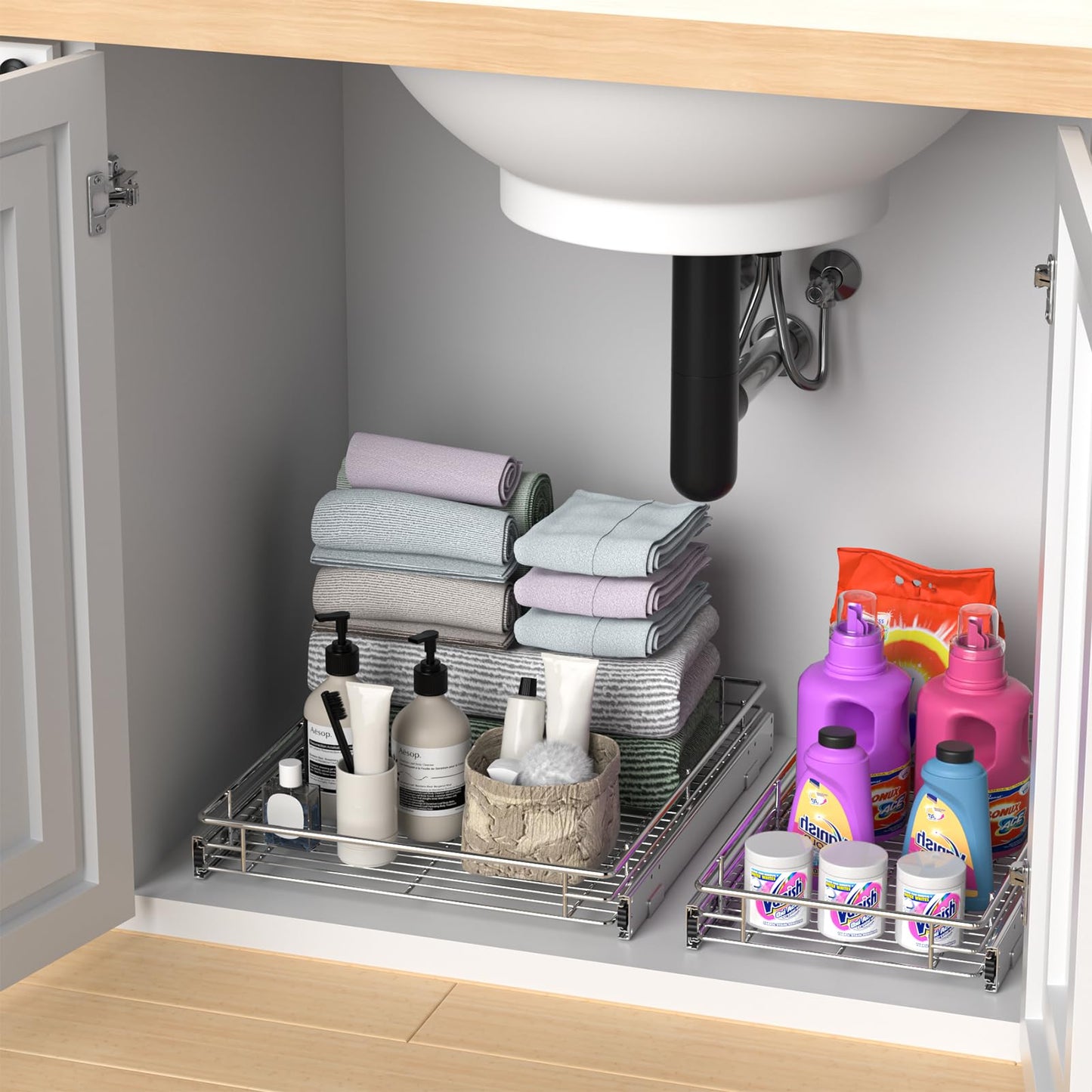ZOINLIY Pull Out Cabinet Organizer, Versatile Slide Out Kitchen Organizers and Storage,Heavy Duty Drawer Cupboard Storage Basket, Smooth Sliding, Chrome Finish,17.8" W x 21" D