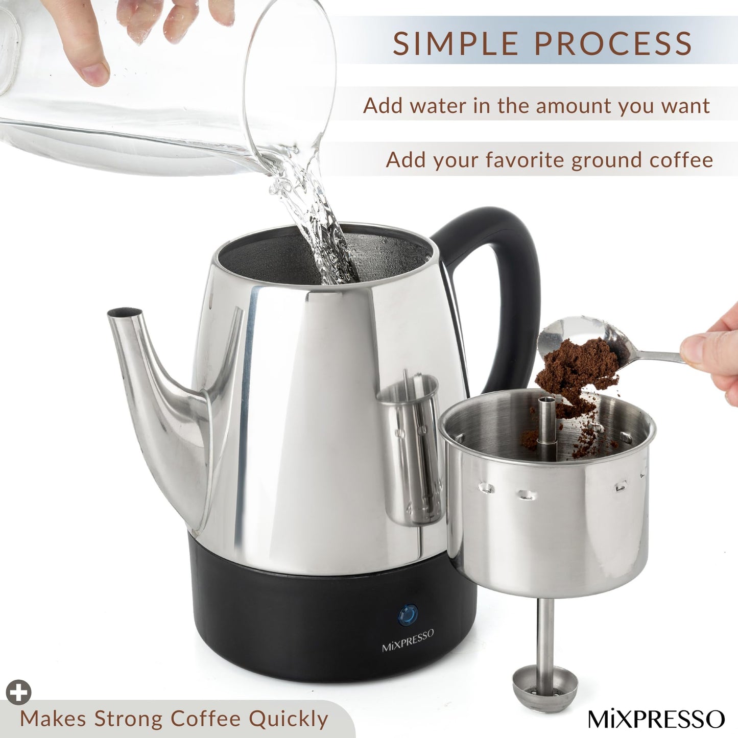 Mixpresso Small Electric Percolator Coffee Pot 4 Cup Stainless Steel - Coffee Percolator Electric with Keep Warm Function - Auto Shut-Off for Safe Daily Brewing