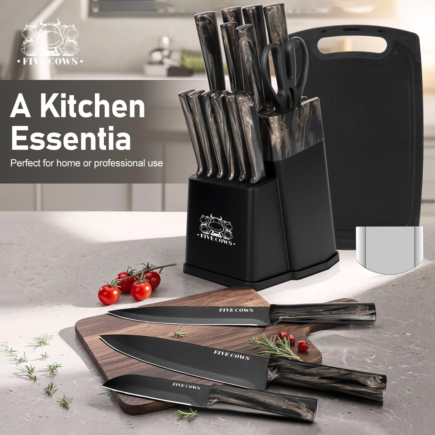 16-Piece Kitchen Knife Block Set with Cutting Board - German Stainless Steel Knives, Built-In Sharpener, Dishwasher Safe, Anti-Slip Handle - All-in-One Cutlery Set for Home/Kitchen (Black)