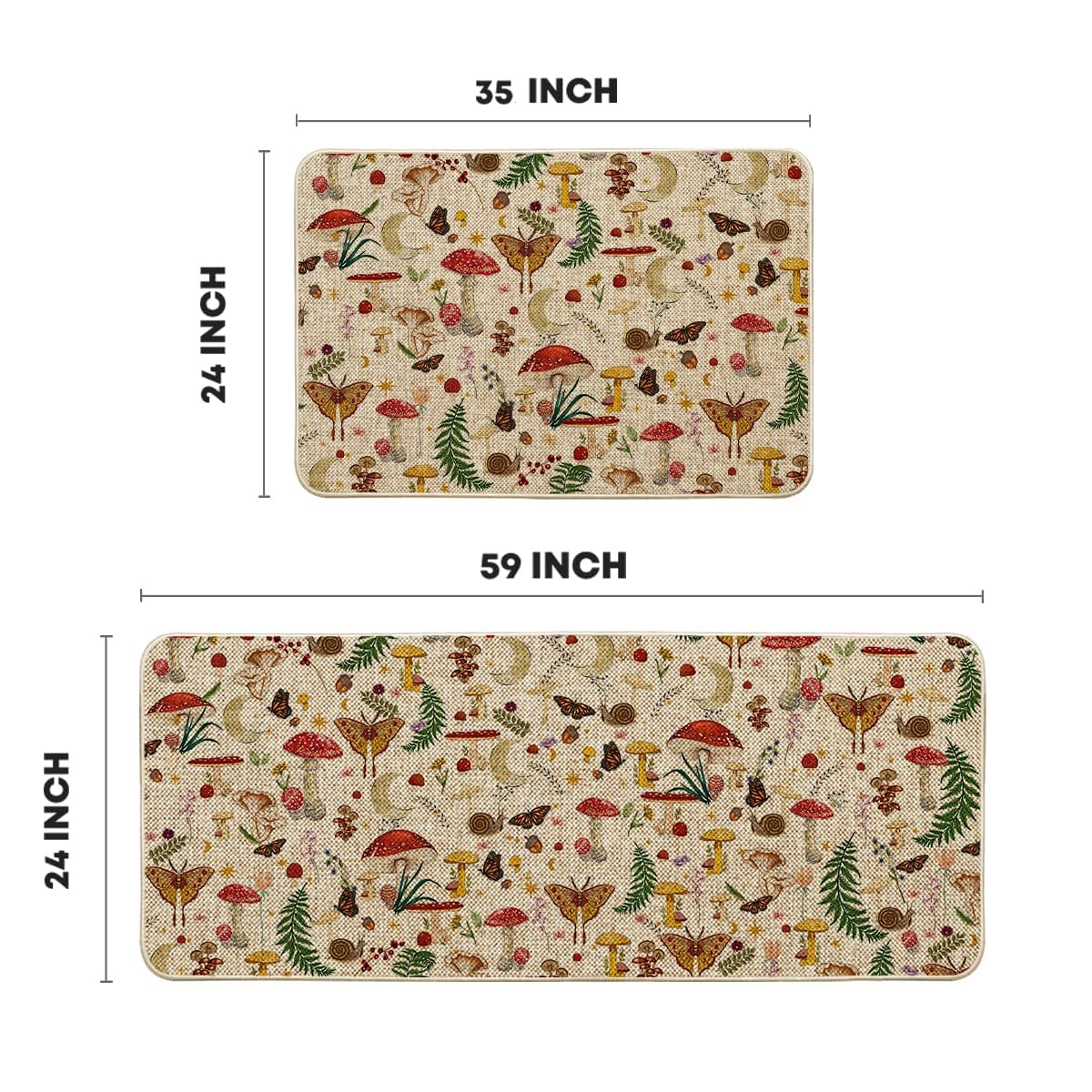 Artoid Mode Mushrooms Butterfly Spring Kitchen Mats Set of 2, Home Decor Low-Profile Kitchen Rugs for Floor - 24x35 and 24x59 Inch