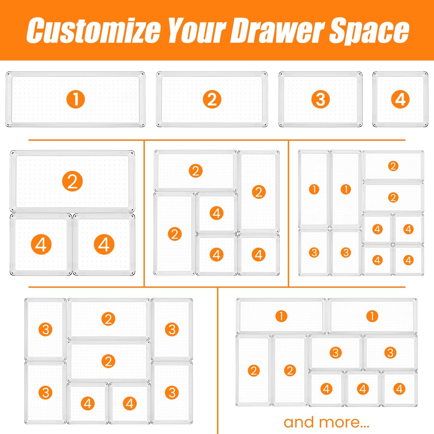 Criusia 18 Pcs Large Size Clear Drawer Organizer Set, Acrylic Non Slip Non Cracking Kitchen Drawer Storage Tray Divider, Multifunctional Storage for Cosmetics, Bathroom, Tools, Kitchen and Office