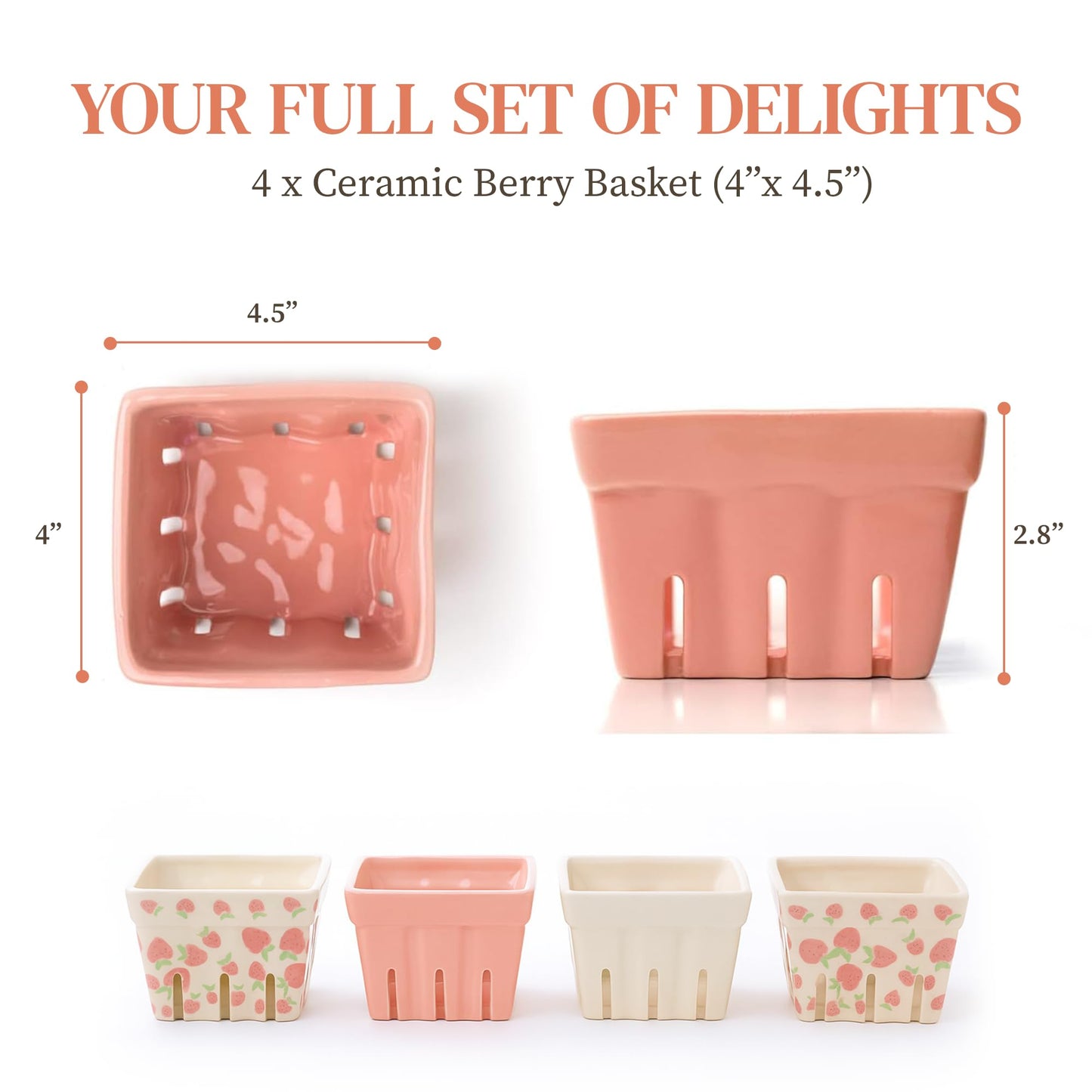 Ceramic Berry Basket, Farmhouse Colander, Strawberry Decor, Fruit Bowls, Fruit Baskets, Kawaii Strawberry Kitchen bowl, Pink White and Cute Strawberry pattern Stoneware Harvest Square Bowls Set of 4