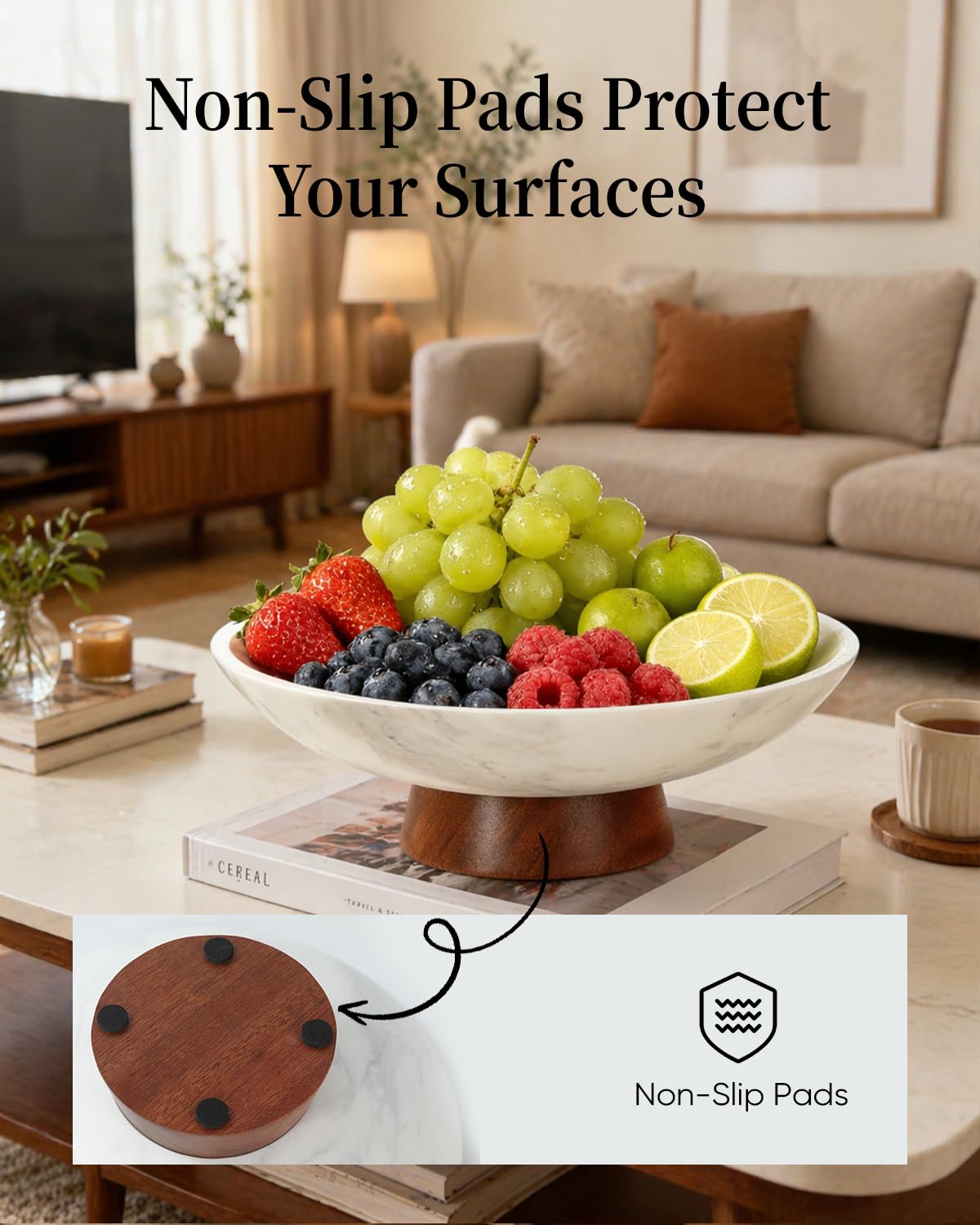 RGBDOT Marble Decorative Bowl, 11” Large Centerpiece for Table, Fruit Bowl for Kitchen Counter, Coffee Table or Entryway Decor, Modern Stone with Wood Base, Housewarming Gift - White