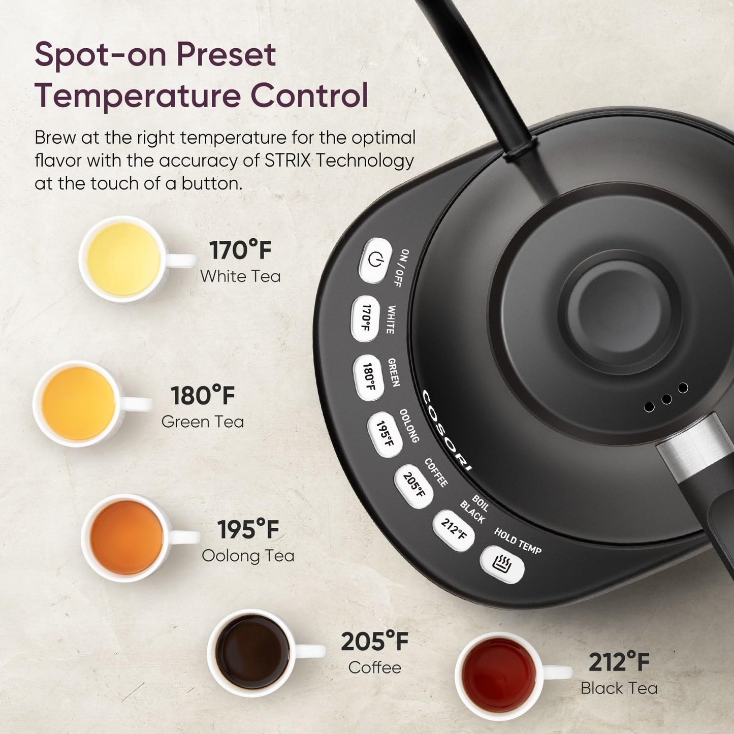 COSORI 0.8L Electric Gooseneck Kettle, 5 Temp Presets, 1200W Quick Heat, Stainless Steel, Matte Black