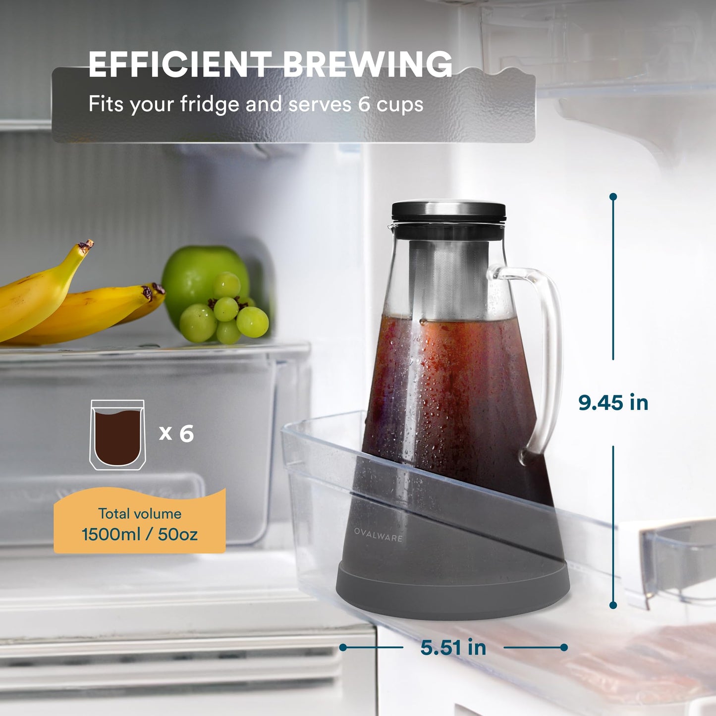 OVALWARE Airtight Cold Brew Iced Coffee Maker Pitcher (& Iced Tea Maker) with Spout – 1.5L/ 51oz Brewing Glass Carafe with Removable Stainless Steel Filter
