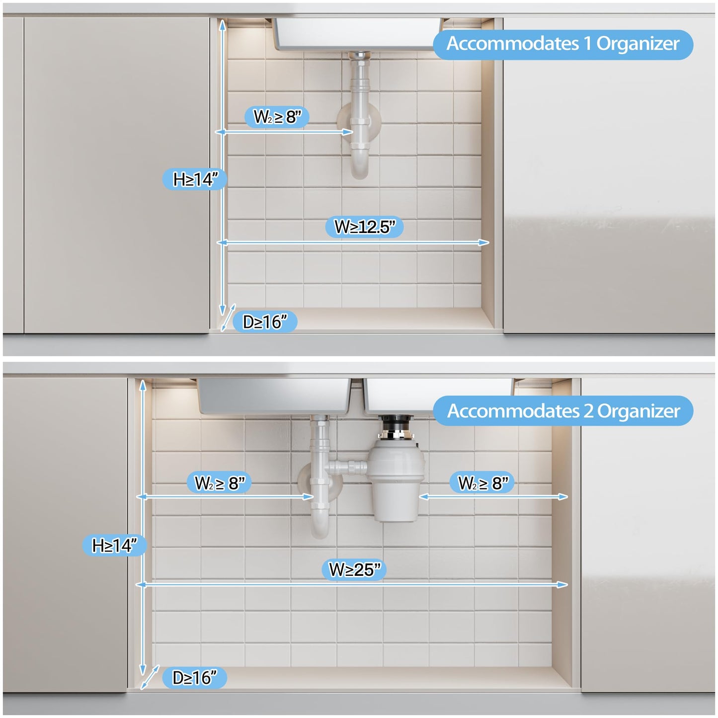 ADBIU Under Sink Organizer XL Size, 2 Packs 2 Tier Expandable Height (13.5" - 17.5") Under-Sink Organizers Slide out Pull out Bathroom Kitchen Organizers And Storage