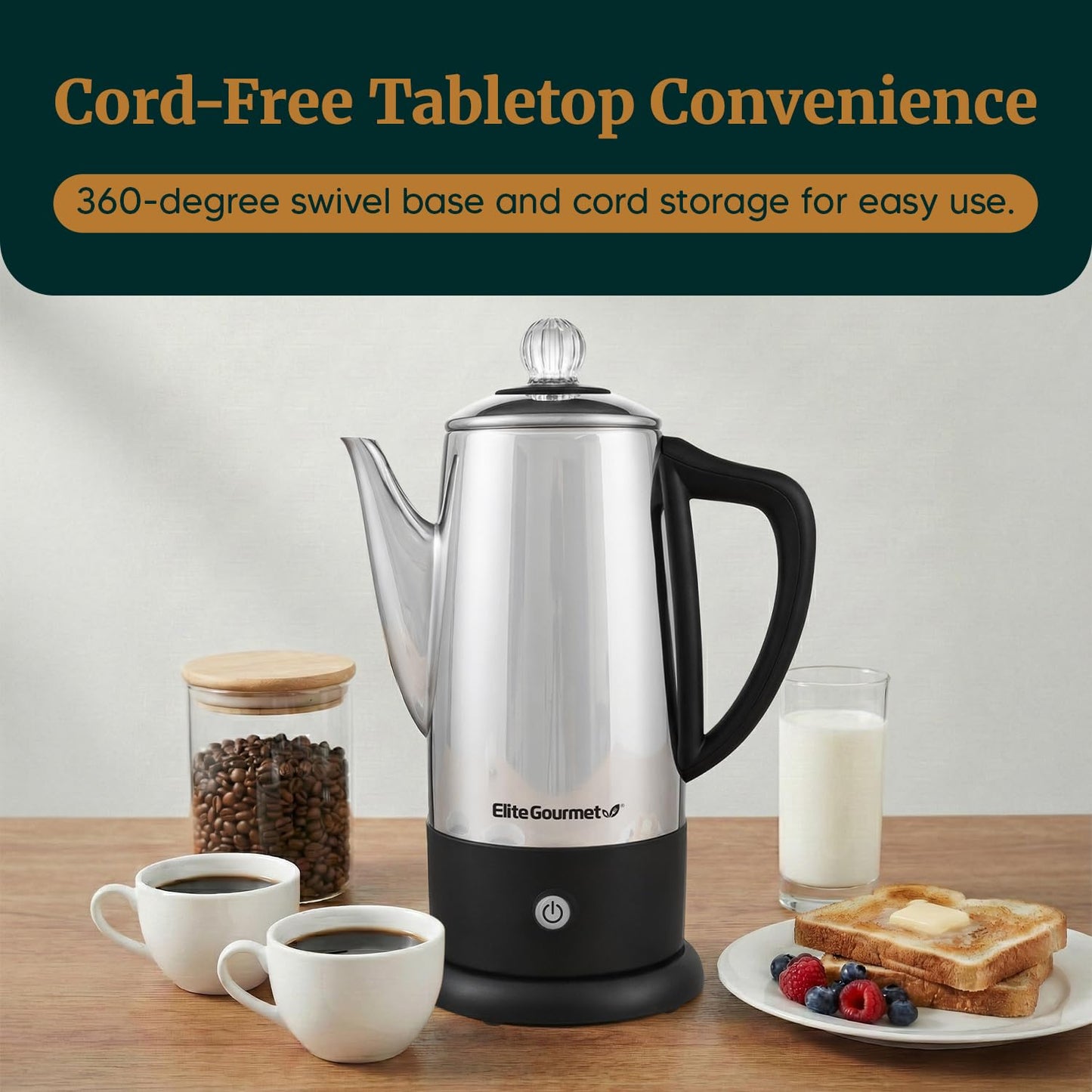 Elite Gourmet EC812 Electric 12-Cup Coffee Percolator with Keep Warm, Clear Brew Progress Knob Cool-Touch Handle Cord-less Serve, Stainless Steel