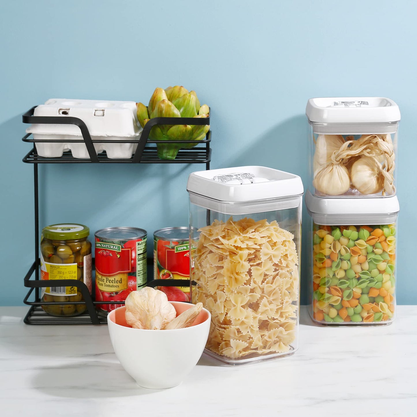 Felli Flip Tite Food Storage Container 5" LARGE 5pk Set + No Residue Label, Airtight Lid Easy Lock Top Stackable, Plastic Canister Jar for Pantry Kitchen Fridge Organizer Pasta Protein Powder Spice