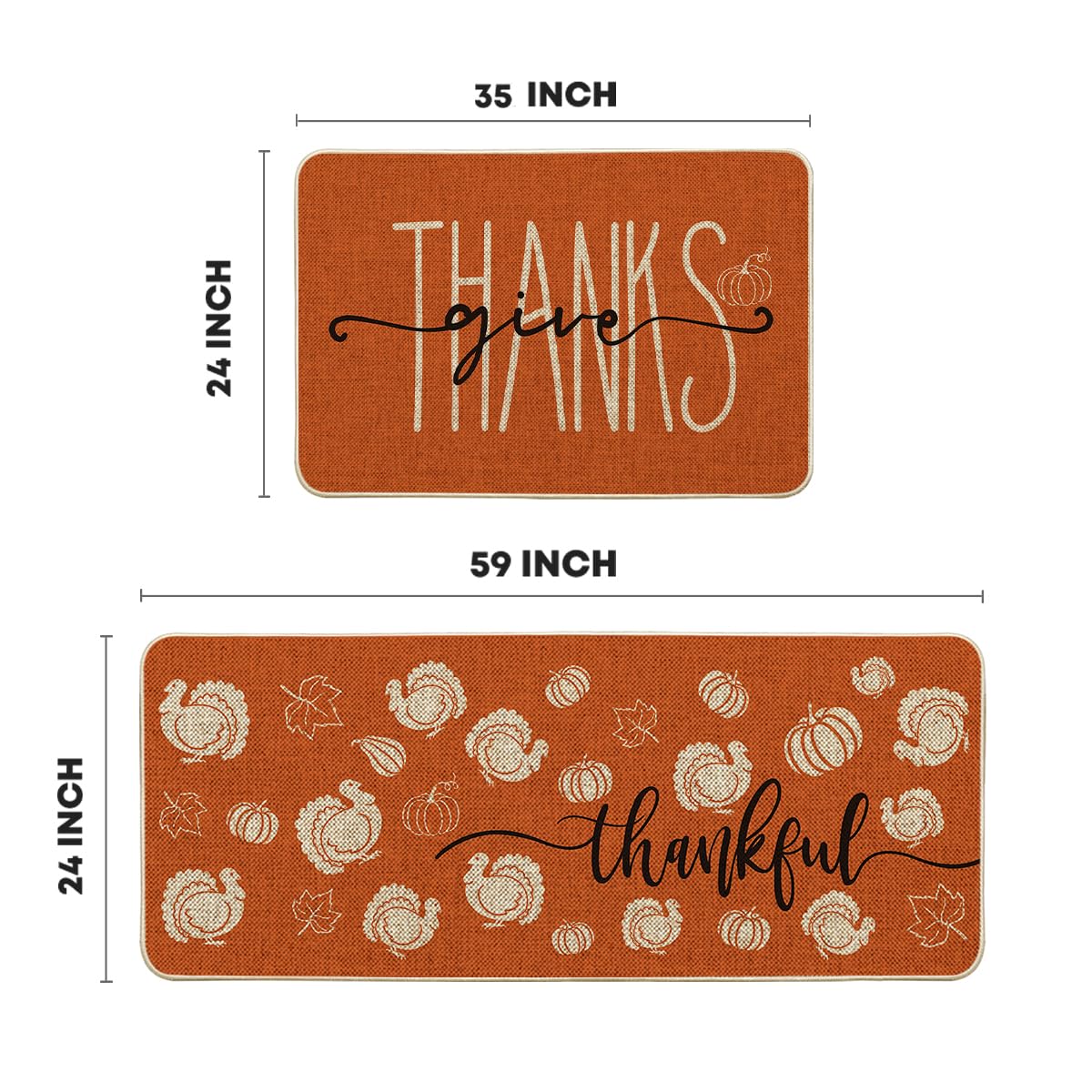 Artoid Mode Turkey Pumpkin Maple Leaves Thanksgiving Kitchen Mats Set of 2, Home Decor Low-Profile Kitchen Rugs for Floor - 24x35 and 24x59 Inch