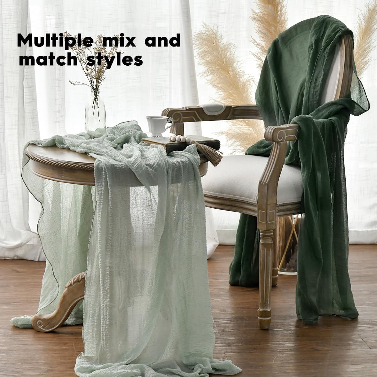 Artoid Mode Boho Forest Green 10Pcs Cheesecloth Gauze Table Runner, 120 Inch Seasonal Fabric Kitchen Dining Holiday Table Decor for Home Party Indoor