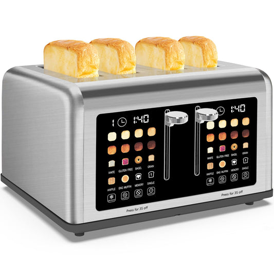 4 Slice Toaster Touch Screen, Stainless Steel Toasters Digital Timer, Dual Control Panel Toasters, 8 Shade Settings 6 Bread Types for Bagel, Cancel, Defrost 1650W