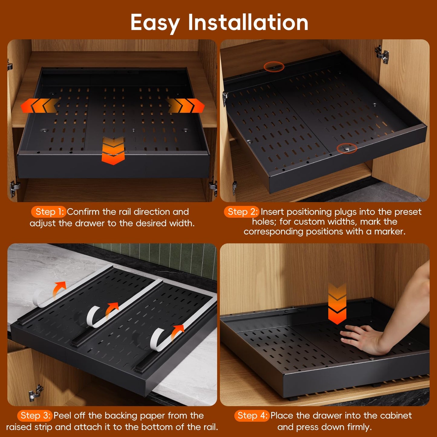 OneDream 2 Pack Pull Out Cabinet Organizer, 21" Deep Slide Out Drawers for Kitchen Cabinets, No Drill Adhesive Pull Out Drawers for Cabinets, Back Roll Out Shelves Adjustable Width 12.05"-20.4"
